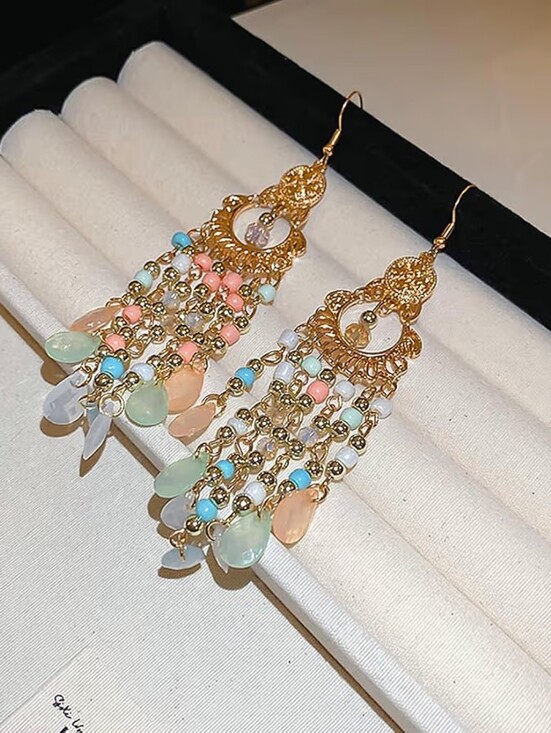 Jewelry - Boho Gold Chandelier Earrings Long Colorful Tassel Drop Earrings